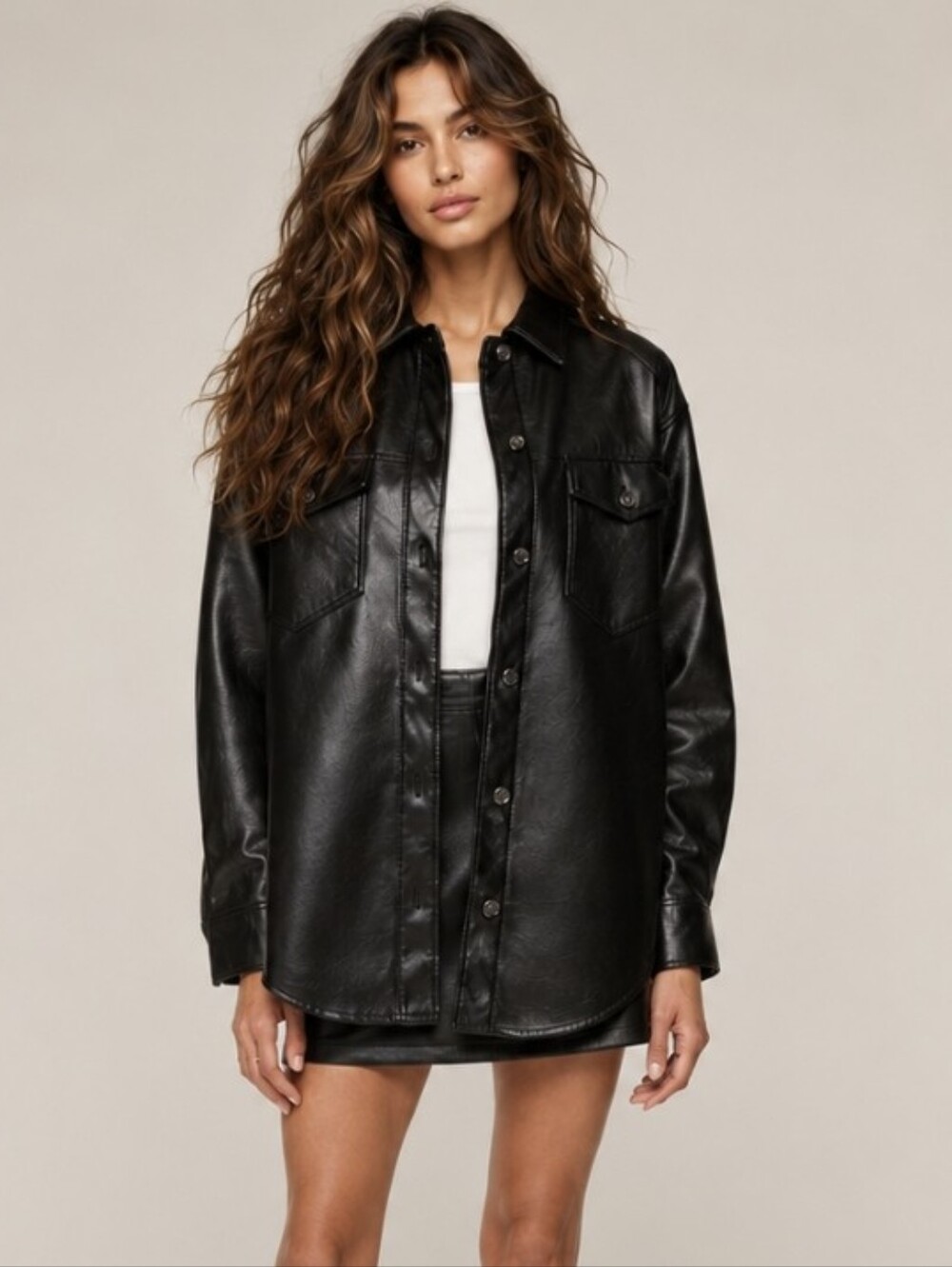 Wilfred The Ganna Shirt Jacket Shacket Sz M Black Faux Leather Button Up